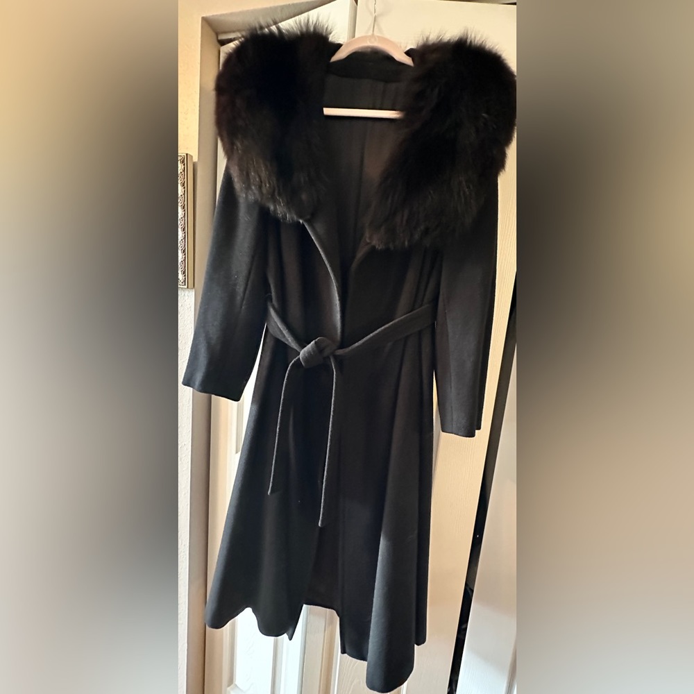 Women's Black Belted Pea Coat with Fur Collar